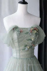 Off Shoulder Green Tulle Floral Long Corset Prom Dresses, Off the Shoulder Green Corset Formal Evening Dresses with 3D Flowers outfit, Bridesmaids Dresses Long Sleeves