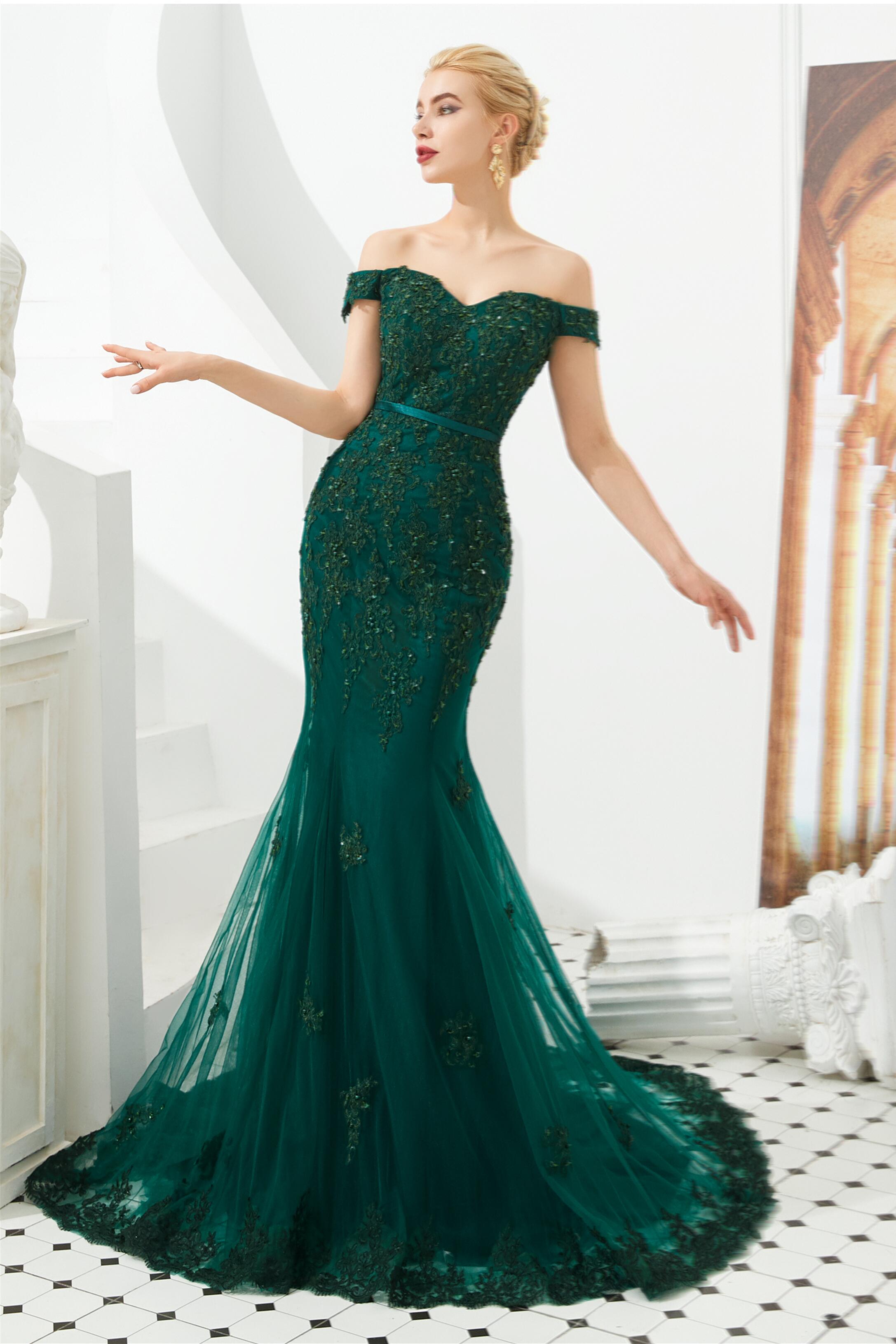 Off Shoulder Mermaid Dark Green Corset Formal Evening Dresses with Lace Outfits, Prom Dress For Girl