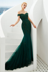 Off Shoulder Mermaid Dark Green Corset Formal Evening Dresses with Lace Outfits, Prom Dresses For Girls