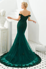 Off Shoulder Mermaid Dark Green Corset Formal Evening Dresses with Lace Outfits, Prom Dress Stores