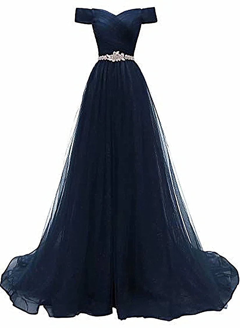 Off Shoulder Navy Blue Party Dress, A-line Tulle Blue Corset Bridesmaid Dress outfit, Party Dresses Sales
