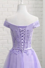 Off Shoulder Purple Lace Short Corset Prom Dress, Lilac Lace Corset Homecoming Dress, Short Purple Corset Formal Evening Dress outfit, Bridesmaid Dresses Winter Wedding