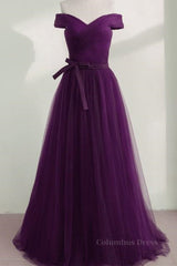 Off Shoulder Purple Tulle Long Corset Prom Dresses, Off the Shoulder Purple Corset Formal Dresses, Purple Evening Dresses outfit, Formal Dress For Sale