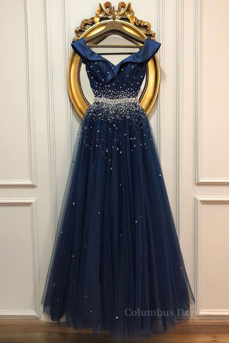 Off Shoulder Sequins Dark Blue Long Corset Prom Dress, Dark Blue Corset Formal Dress, Off Shoulder Evening Dress outfit, Senior Prom Dress