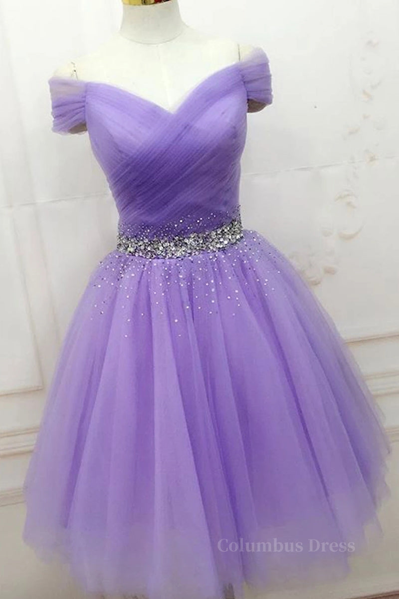 Off Shoulder Sequins Lilac Short Corset Prom Dress Corset Homecoming Dress, Off Shoulder Lilac Lavender Corset Formal Graduation Evening Dress outfit, Homecoming Dresses Styles