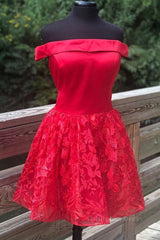 Off Shoulder Short Red Lace Corset Prom Dress, Off Shoulder Red Lace Corset Formal Graduation Dress, Red Lace Corset Homecoming Dress outfit, Formal Dress Modest