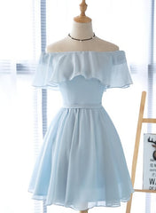 Off Shoulder Simple Short Corset Bridesmaid Dress, Lovely Blue Chiffon Party Dress Outfits, Prom Dress Ideas