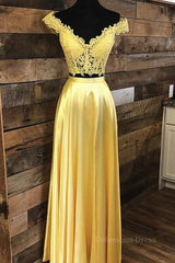 Off Shoulder Two Pieces Lace Yellow Long Corset Prom Dress, Off the Shoulder Yellow Lace Corset Formal Dress, Two Pieces Yellow Lace Evening Dress outfit, Evening Dress Yellow