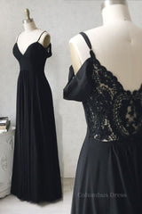 Off Shoulder V Neck Black Lace Long Corset Prom Dress, Off Shoulder Black Corset Formal Dress, Black Lace Evening Dress outfit, Evening Dresses 2027