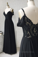 Off Shoulder V Neck Black Long Corset Prom Dress with Lace Back, Off the Shoulder Black Corset Formal Dress, Black Lace Evening Dress outfit, Party Dresses Long Sleeved