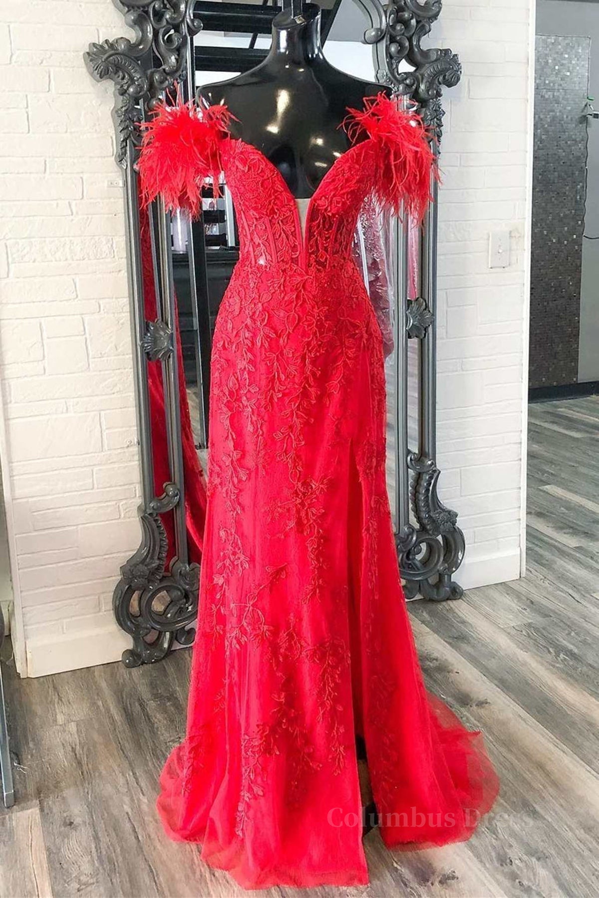 Off Shoulder V Neck Mermaid Red Lace Long Corset Prom Dress with High Slit, Mermaid Red Corset Formal Dress, Red Lace Evening Dress outfit, Bridesmaid Dresses Sleeveless