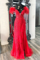 Off Shoulder V Neck Mermaid Red Lace Long Corset Prom Dress with High Slit, Mermaid Red Corset Formal Dress, Red Lace Evening Dress outfit, Bridesmaid Dresses Sleeveless