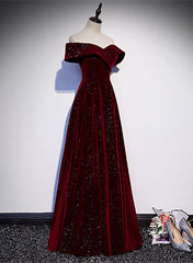 Off Shoulder Wine Red Velvet Long Party Dress, A-line Wine Red Evening Dress outfit, Formal Dresses Style