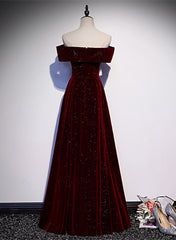 Off Shoulder Wine Red Velvet Long Party Dress, A-line Wine Red Evening Dress outfit, Formal Dresses With Sleeves