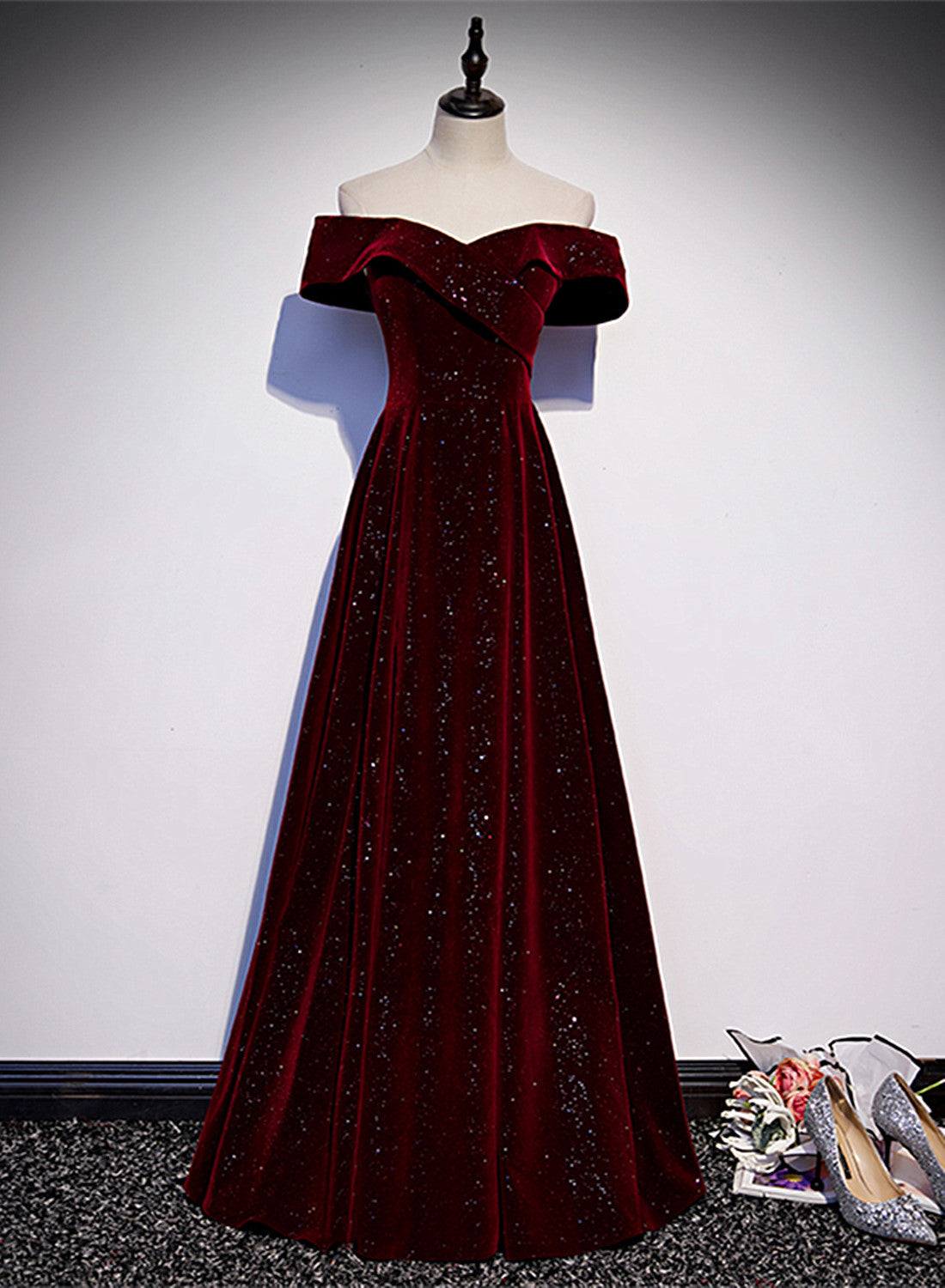 Off Shoulder Wine Red Velvet Long Party Dress, A-line Wine Red Evening Dress outfit, Formal Dress Style
