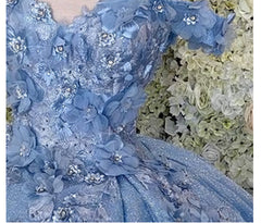 Off the shoulder blue Corset Ball gown , sparkly Corset Prom dress with flowers outfit, Party Dress Open Back