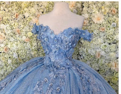 Off the shoulder blue Corset Ball gown , sparkly Corset Prom dress with flowers outfit, Party Dress Glitter