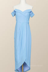 Off the Shoulder Blue Draped Midi Corset Bridesmaid Dress outfit, Prom Dress Idea