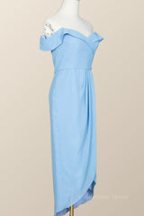 Off the Shoulder Blue Draped Midi Corset Bridesmaid Dress outfit, Prom Dress Fabric