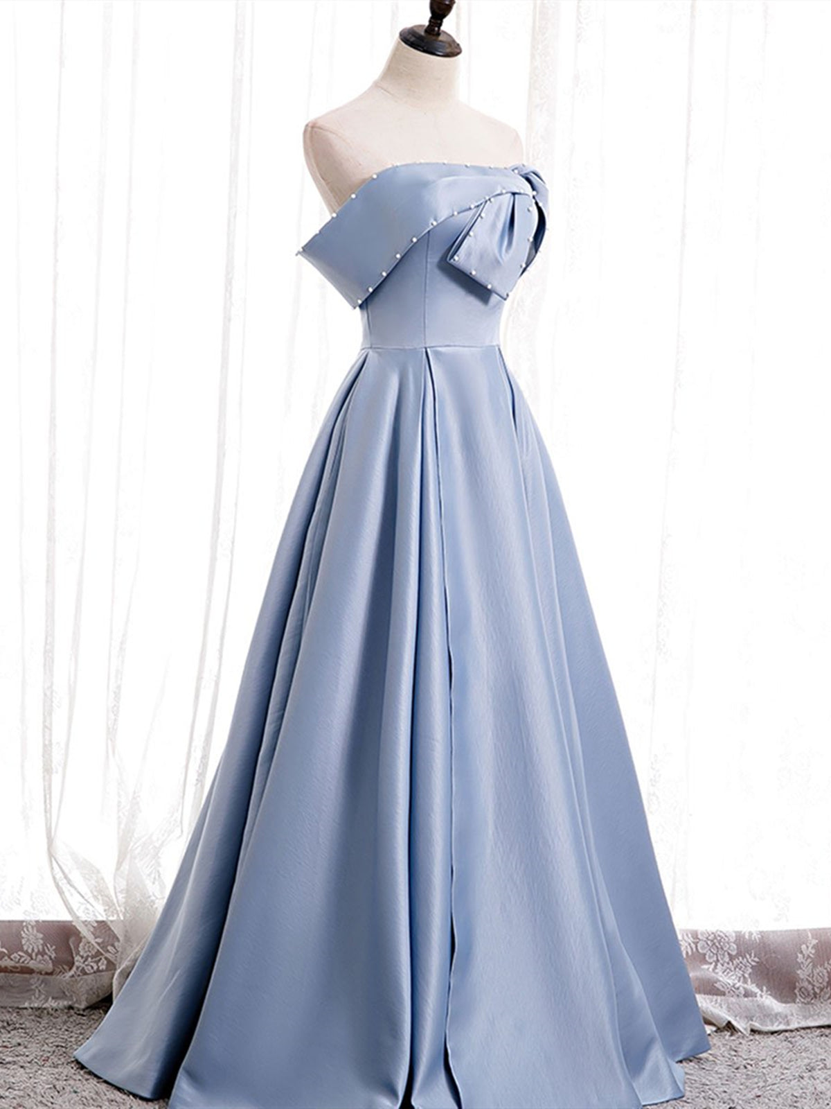 Off the Shoulder Blue Satin Long Corset Prom Dresses, Off Shoulder Blu