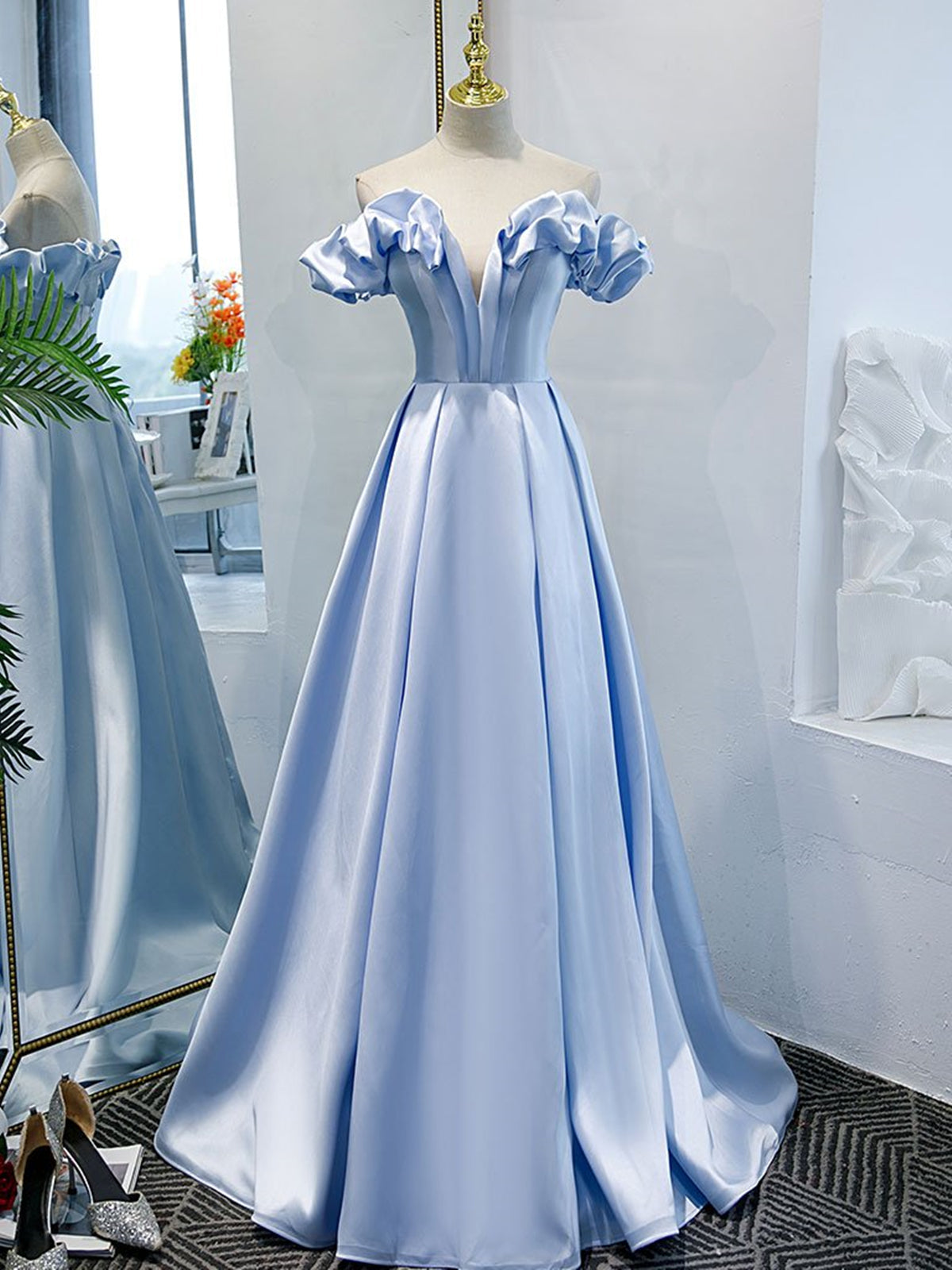 Off the Shoulder Blue Satin Corset Prom Dresses, Sky Blue Off Shoulder Satin Long Corset Formal Graduation Dresses outfit, Dress Prom