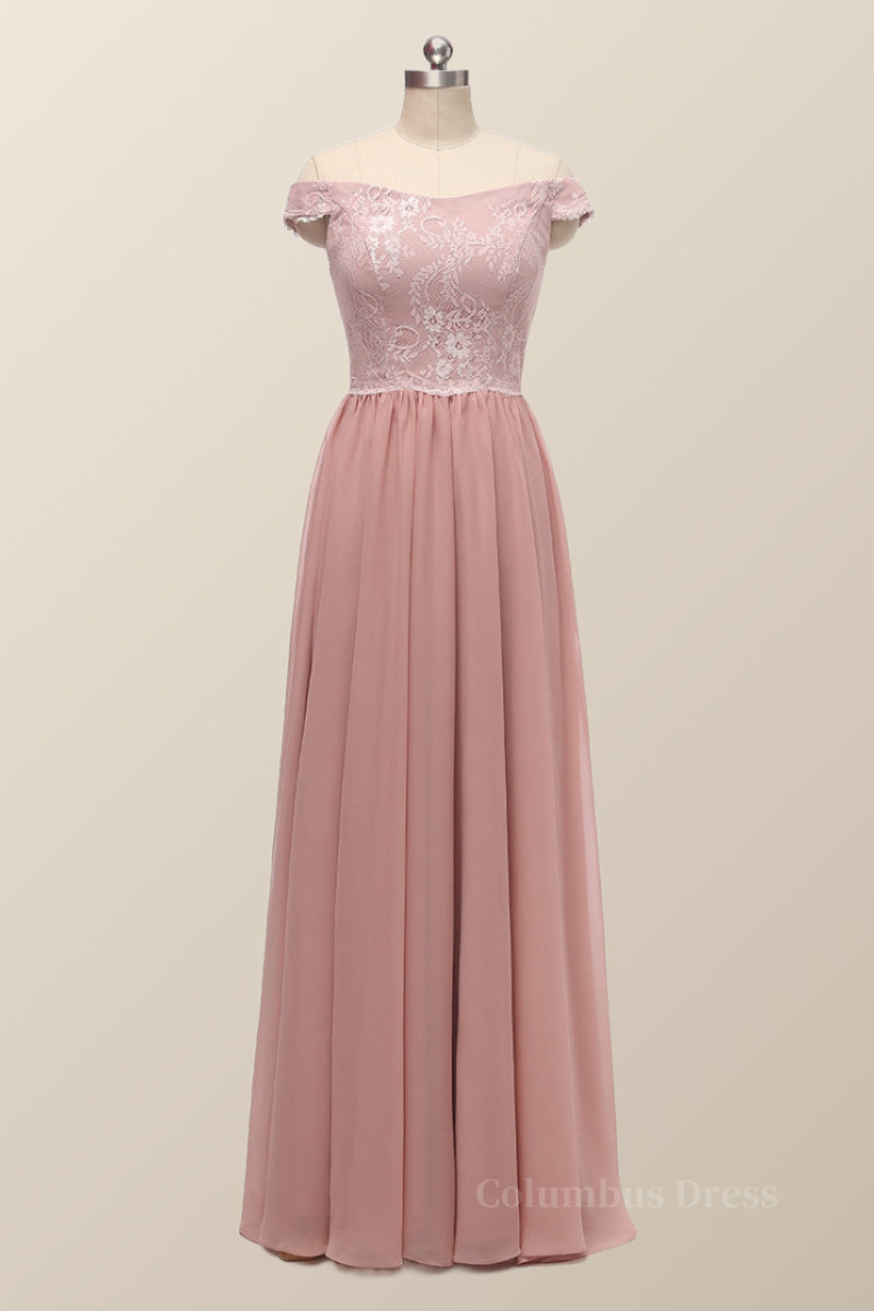 Off the Shoulder Blush Pink Lace and Chiffon Corset Bridesmaid Dress outfit, Elegant Gown
