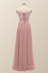 Off the Shoulder Blush Pink Lace and Chiffon Corset Bridesmaid Dress outfit, Flowy Prom Dress
