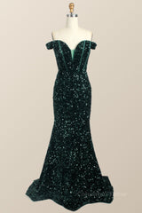Off the Shoulder Dark Green Sequin Mermaid Corset Prom Dress outfits, Formal Dress With Sleeves