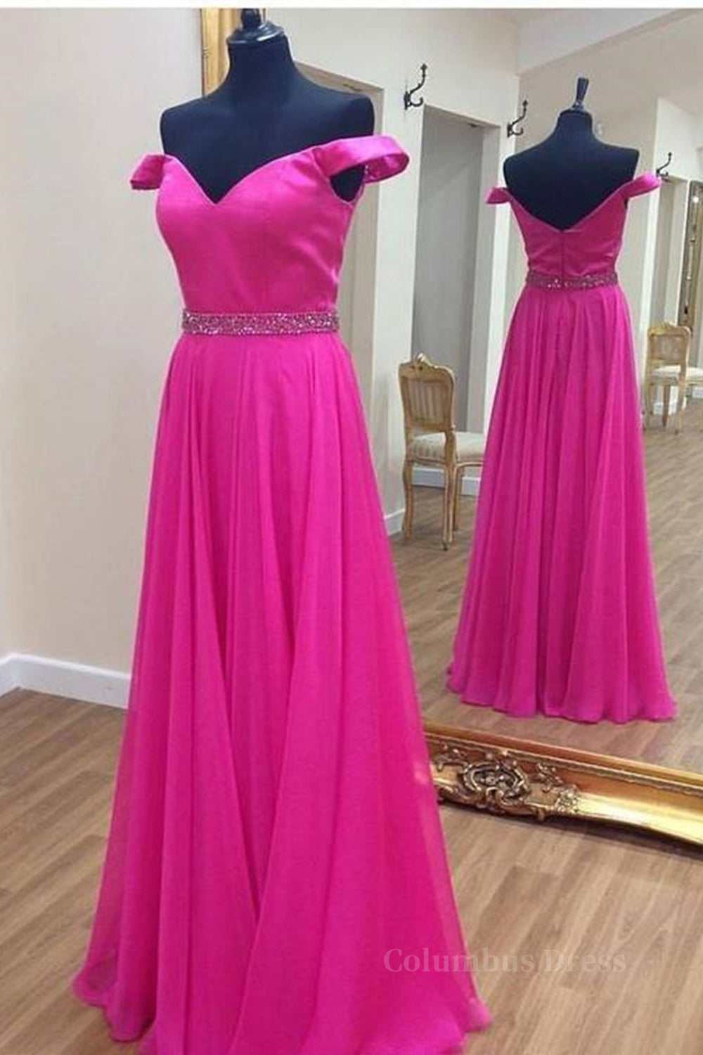 Off the Shoulder Fuchsia Long Corset Prom Dresses with Belt, Off Shoulder Fuchsia Corset Formal Evening Dresses outfit, Black Tie Dress