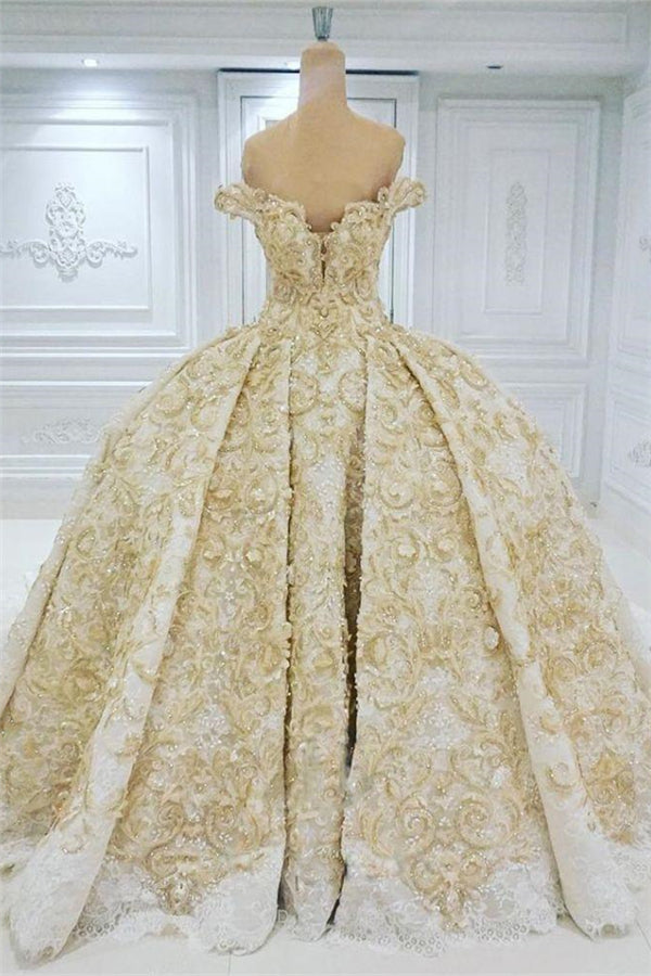 Off the shoulder Golden Lace Appliques Corset Formal Corset Ball Gown Corset Wedding Dress outfit, Wedding Dresses Color