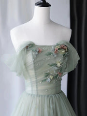 Off the Shoulder Green Floral Long Corset Prom Dresses, Green Floral Long Corset Formal Evening Dresses outfit, Party Dresses Long Dress