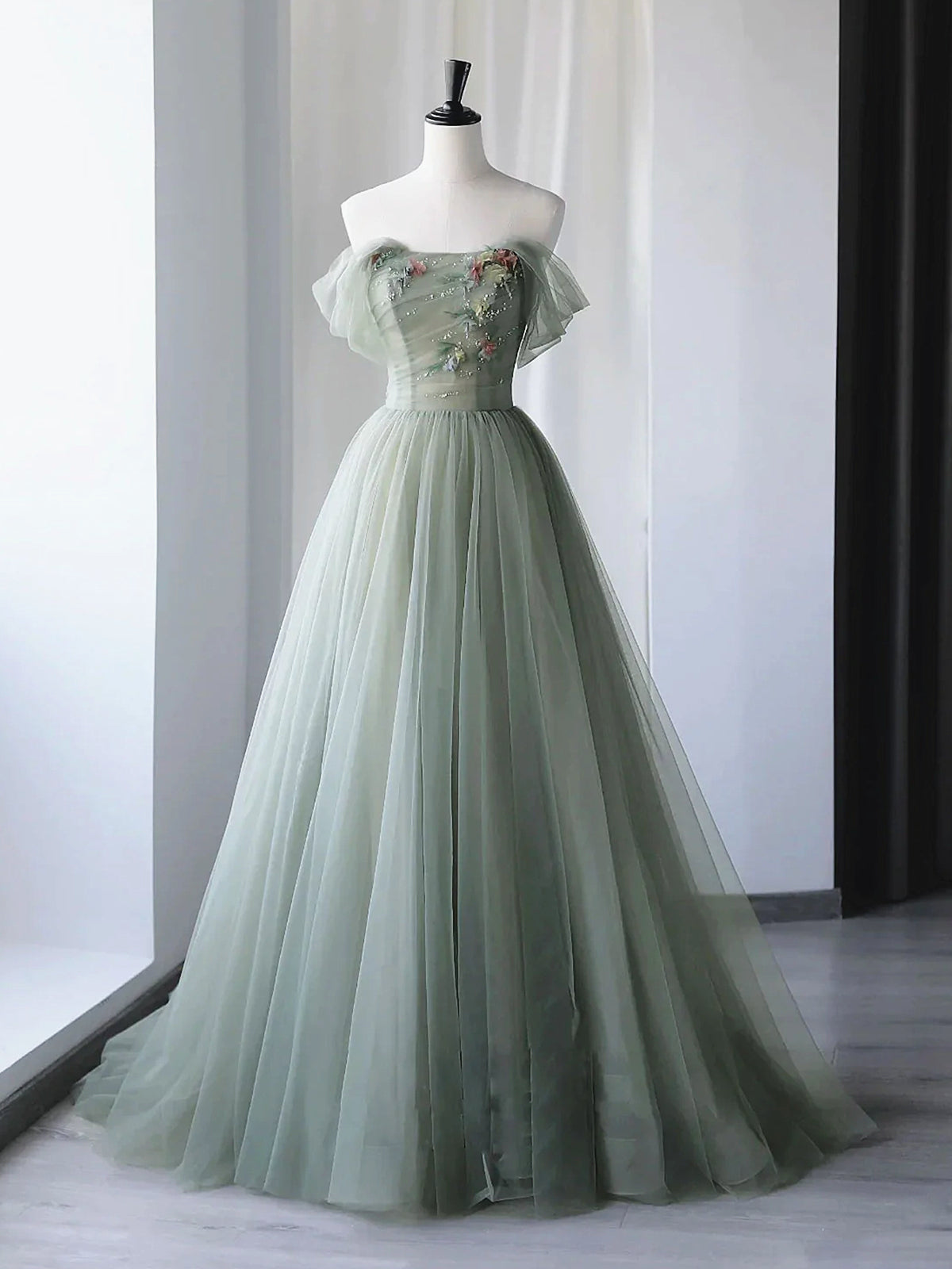 Off the Shoulder Green Floral Long Corset Prom Dresses, Green Floral Long Corset Formal Evening Dresses outfit, Party Dress Websites