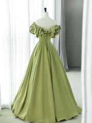 Off the Shoulder Green Satin Long Corset Prom Dresses, Green Satin Long Corset Formal Evening Dresses outfit, Bridesmaid Dresses Purples