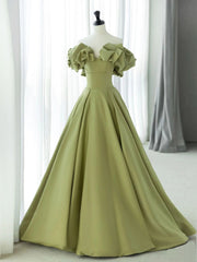 Off the Shoulder Green Satin Long Corset Prom Dresses, Green Satin Long Corset Formal Evening Dresses outfit, Beach Wedding