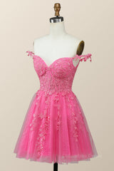 Off the Shoulder Hot Pink Lace Short Corset Homecoming Dress outfit, Bridesmaid Dress Black