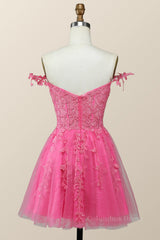 Off the Shoulder Hot Pink Lace Short Corset Homecoming Dress outfit, Bridesmaids Dress Black