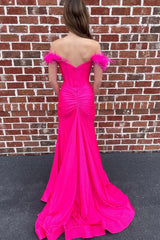 Off The Shoulder Hot Pink Mermaid Long Corset Prom Dress with Feathers outfit, Off The Shoulder Hot Pink Mermaid Long Prom Dress with Feathers