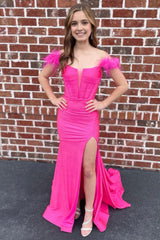 Off The Shoulder Hot Pink Mermaid Long Corset Prom Dress with Feathers outfit, Off The Shoulder Hot Pink Mermaid Long Prom Dress with Feathers