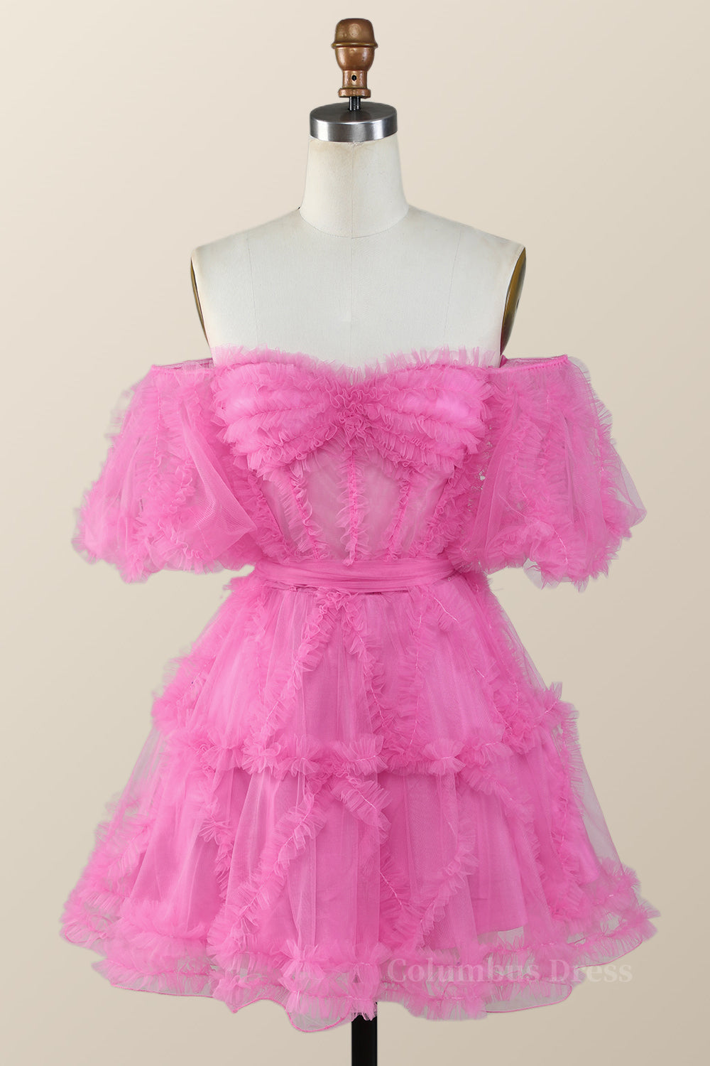 Off the Shoulder Hot Pink Ruffles Short A-line Corset Homecoming Dress outfit, Party Dress In Store