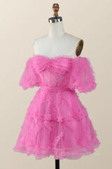 Off the Shoulder Hot Pink Ruffles Short A-line Corset Homecoming Dress outfit, Party Dresses In Store