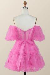 Off the Shoulder Hot Pink Ruffles Short A-line Corset Homecoming Dress outfit, Party Dresses 2027