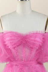 Off the Shoulder Hot Pink Ruffles Short A-line Corset Homecoming Dress outfit, Party Dress Cheap