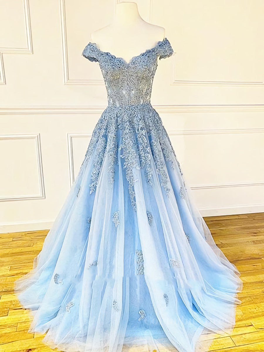 Off the Shoulder Light Blue Lace Corset Prom Dresses, Off the Shoulder Blue Lace Corset Formal Evening Dresses outfit, Party Dresses Classy Elegant