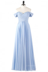 Off the Shoulder Light Sky Blue Chiffon Long Corset Bridesmaid Dress outfit, Wedding Decor