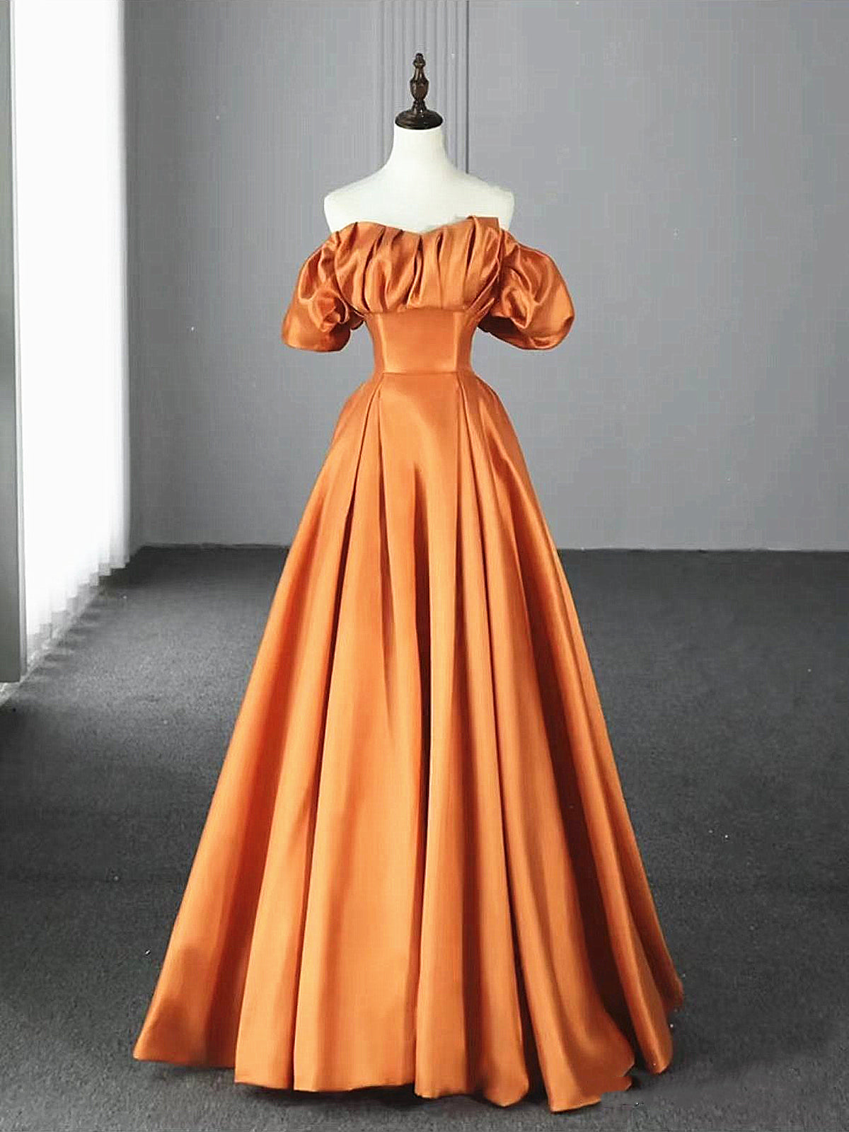 Off the Shoulder Orange Satin Long Corset Prom Dresses, Orange Long Satin Corset Formal Evening Dresses outfit, Bridesmaid Dresses Design