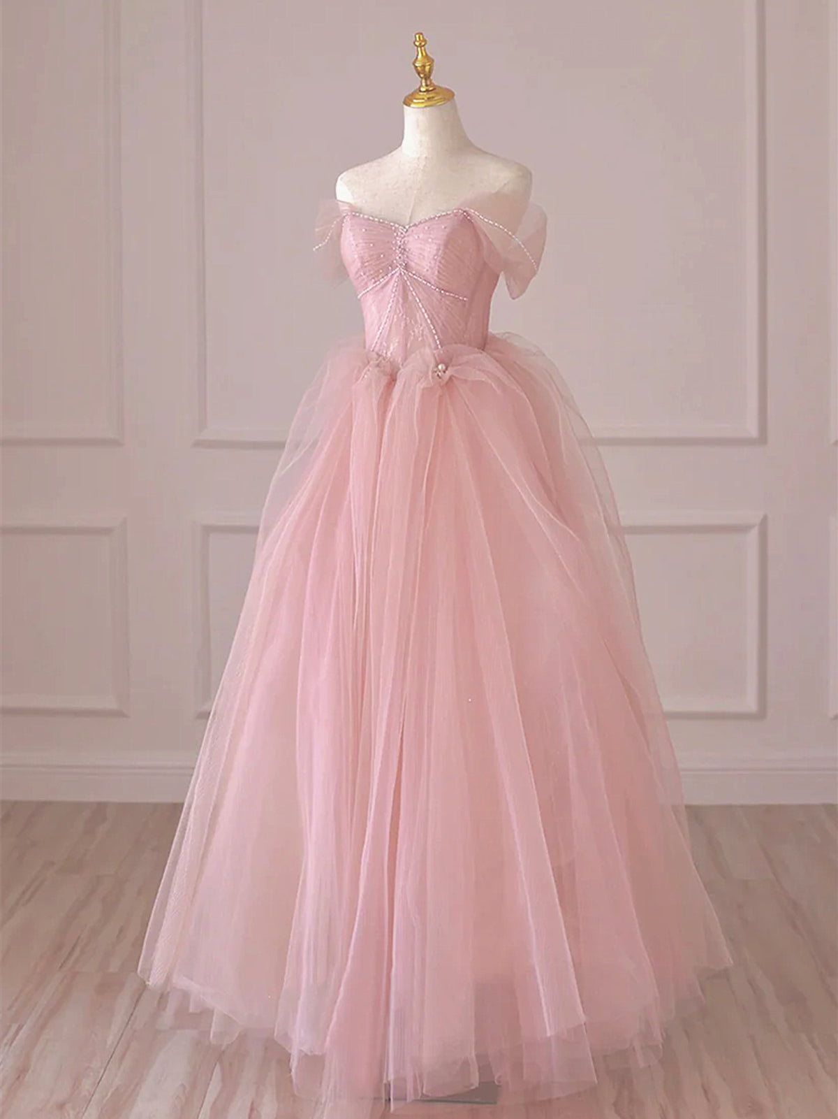 Off the Shoulder Pink Tulle Long Corset Prom Dresses, Pink Tulle Long Corset Formal Evening Dresses outfit, Fashion Dress