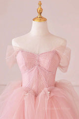 Off the Shoulder Pink Tulle Corset Prom Dresses, Pink Tulle Long Corset Formal Graduation Dresses outfit, Dance Dress