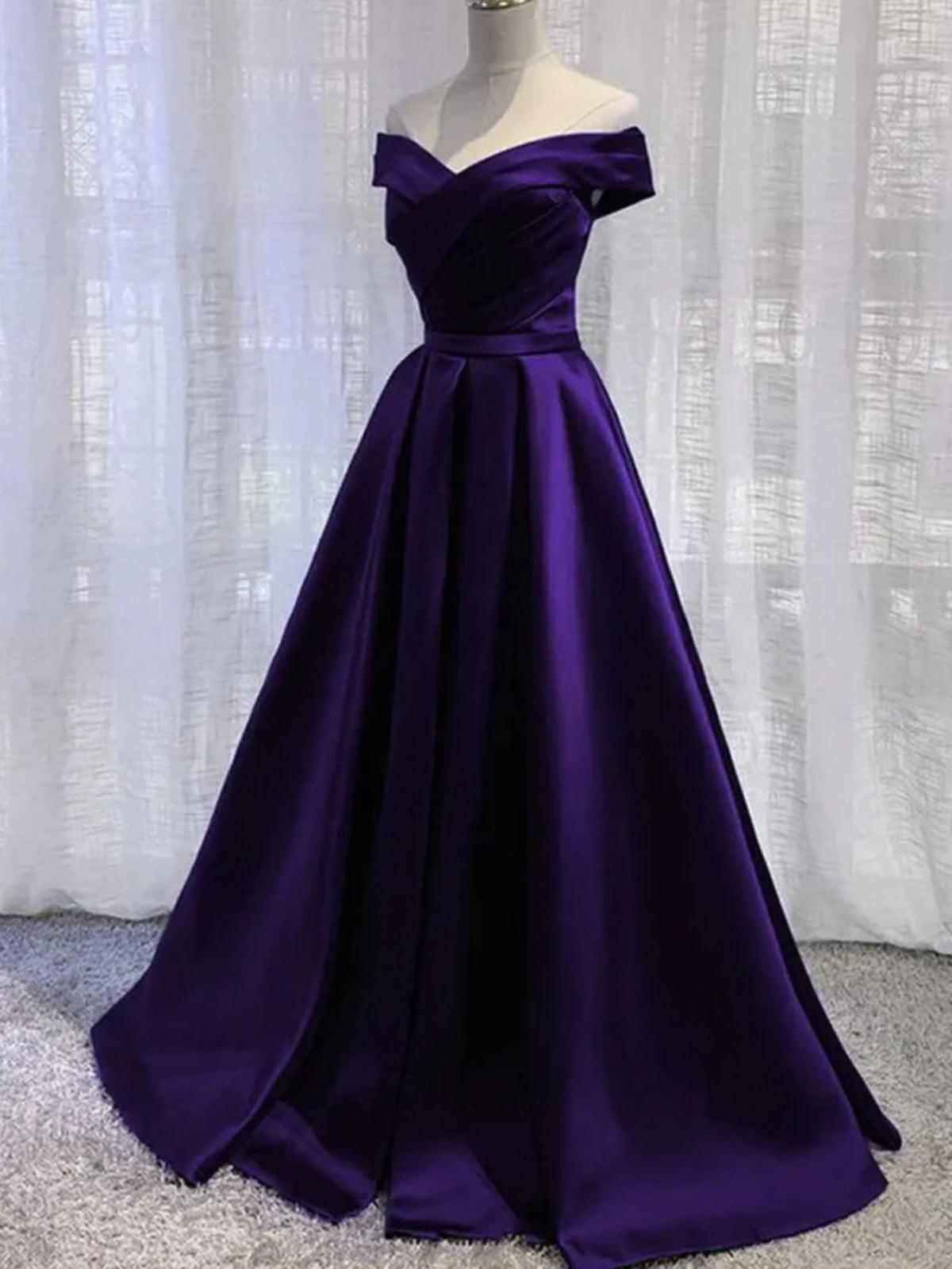 Off the Shoulder Purple Satin Long Corset Prom Dresses, Off Shoulder Long Purple Corset Formal Graduation Dresses outfit, Wedding Shoes Bride