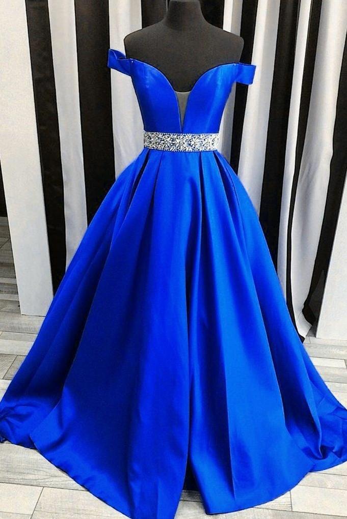 Off-the-shoulder Royal Blue Evening Dress with Rhinestones Belt,event dresses elegant outfit, Bridesmaid Dresses Under 113