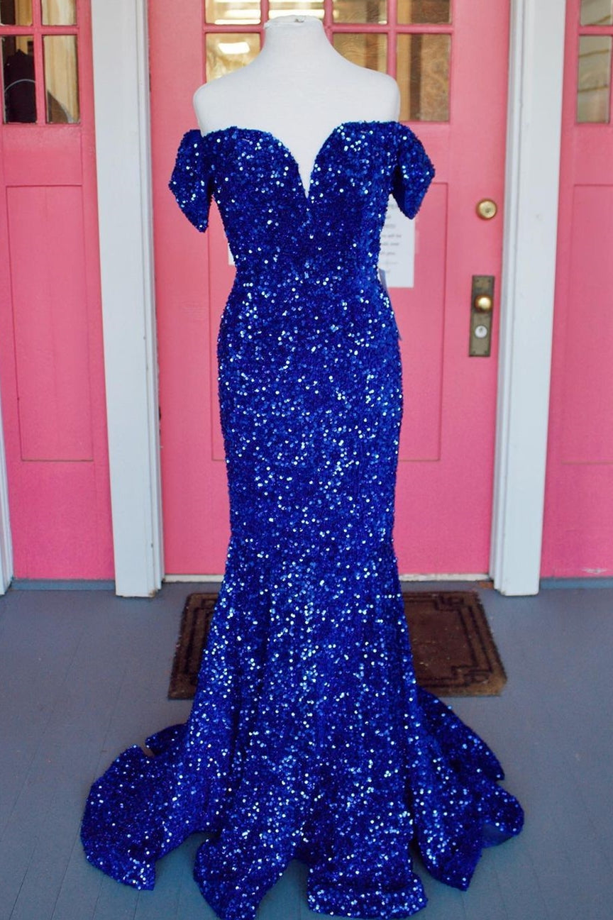 Off the Shoulder Royal Blue Sequins Mermaid Long Corset Formal Dress,Corset Prom Dresses outfit, Prom Dresses Blue